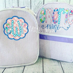 Pink or Purple Seersucker Backpack/ Diaper Bag with Applique Name in Bright Fabrics