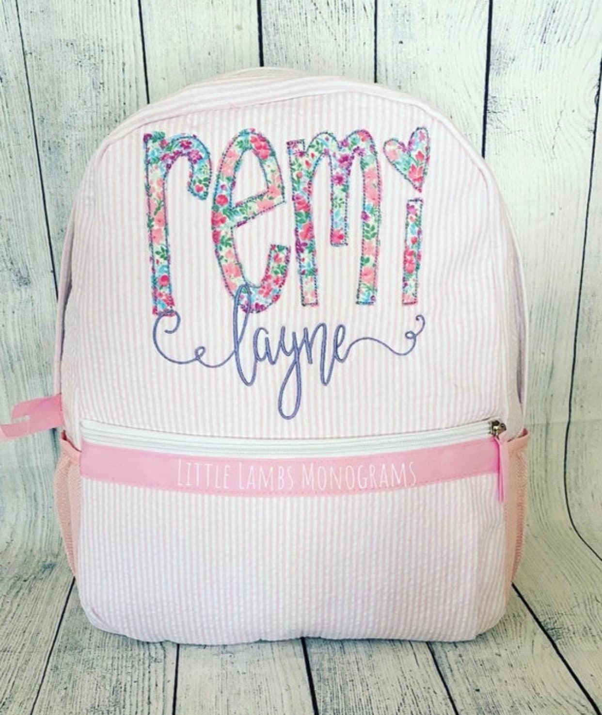 Pink Seersucker Floral Fabric Appliqué Name Backpack