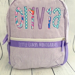 Purple Seersucker Appliqué Name Backpack/Diaper Bag