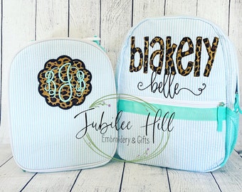 Seersucker Backpack and Lunchbox with Leopard Print Applique Name