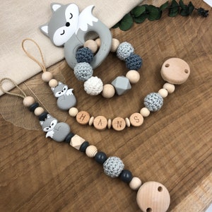 Pacifier chain | Grasping toy | Grip ring | fox | gray | Baby | Girl | Boy