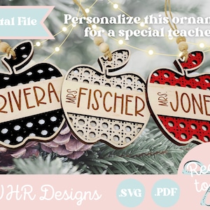 Personalized Teacher Christmas Ornament SVG: Wood Apple Laser Cut File (Digital Download)
