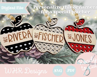 SVG, Laser geschnitten Datei, Lehrer Weihnachtsverzierung SVG, Holz Rattan Apfel Weihnachtsverzierung, personalisierte digitale Datei geschnitten, Glowforge Datei