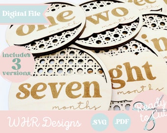 Digital Baby Monthly Milestone Markers, SVG, Rattan Monthly Milestone Plaques