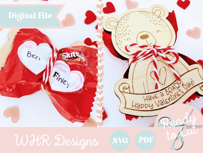SVG, Valentine's Day Card Digital File, Bear Candy Holder Valentine Glowforge File, Valentine Card Laser SVG, Valentine Glowforge Cut File, image 1