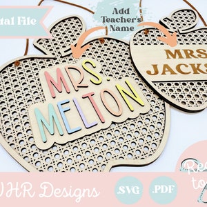 SVG, Digital Rattan Teacher Apple Name Sign, Teacher Appreciation Gift Digital Download, Teacher Gift Glowforge Cut File