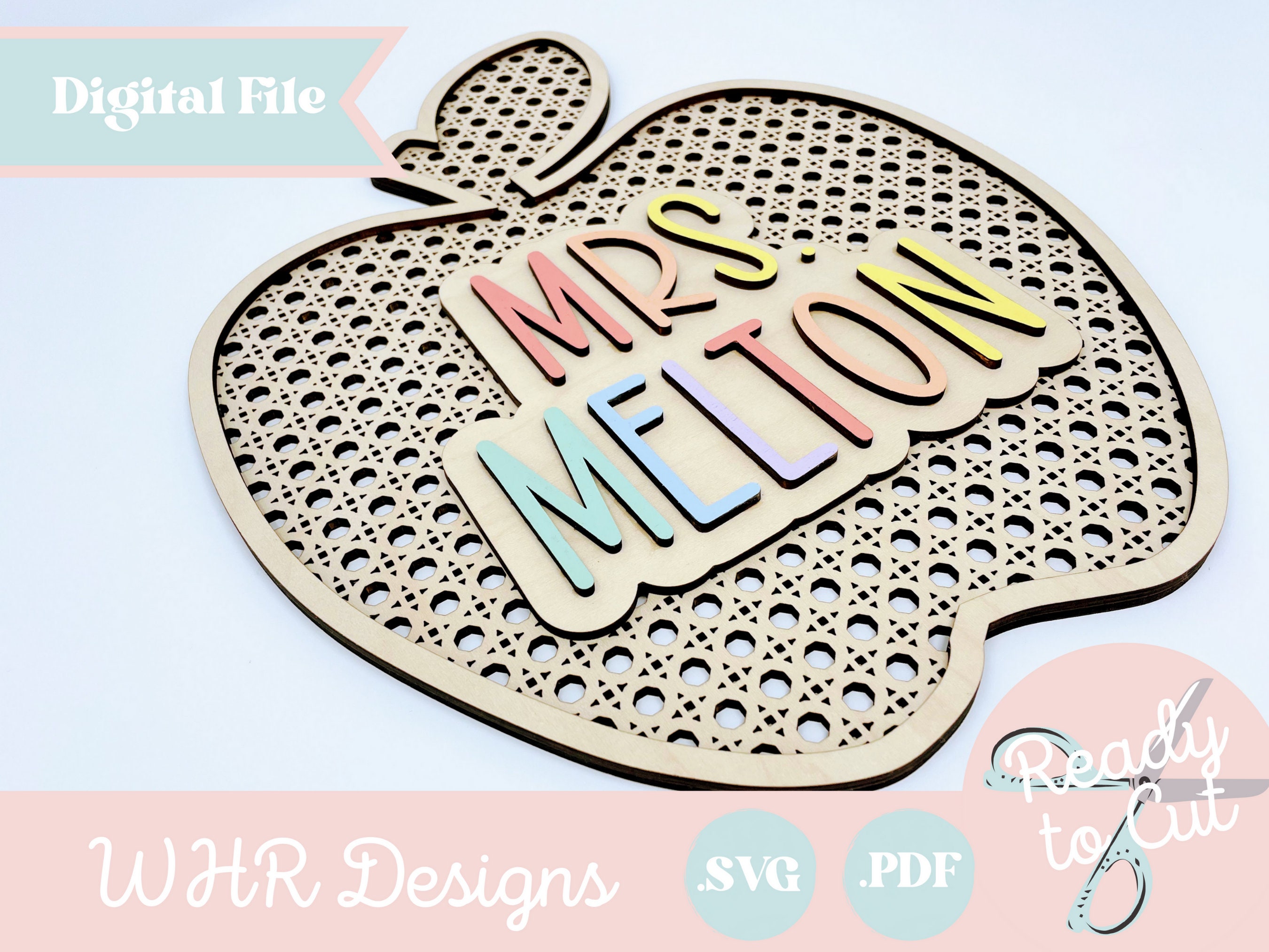 SVG, Digital Rattan Teacher Apple Name Sign, Teacher Appreciation Gift ...