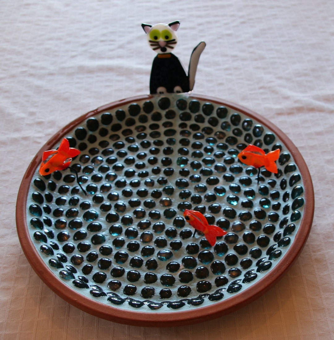 Fused Glass Bird Bath Curious Kitten Bird Bath Yard Art Etsy