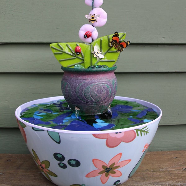 Fused Glass Fountain, Inside/outside Fountain, Orchids, Pink Flowers, One Of A Kind Fountains, Artistic, Original, Garden Art, Bird Baths