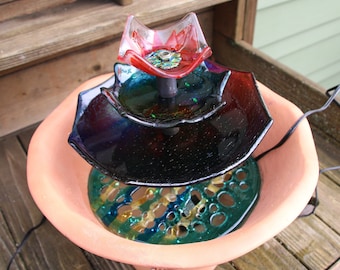 Fountain, Inside or Outside, Flower, Fused  Iridescent Glass, Hand Painted Scalloped Pot, Flower Blossom,