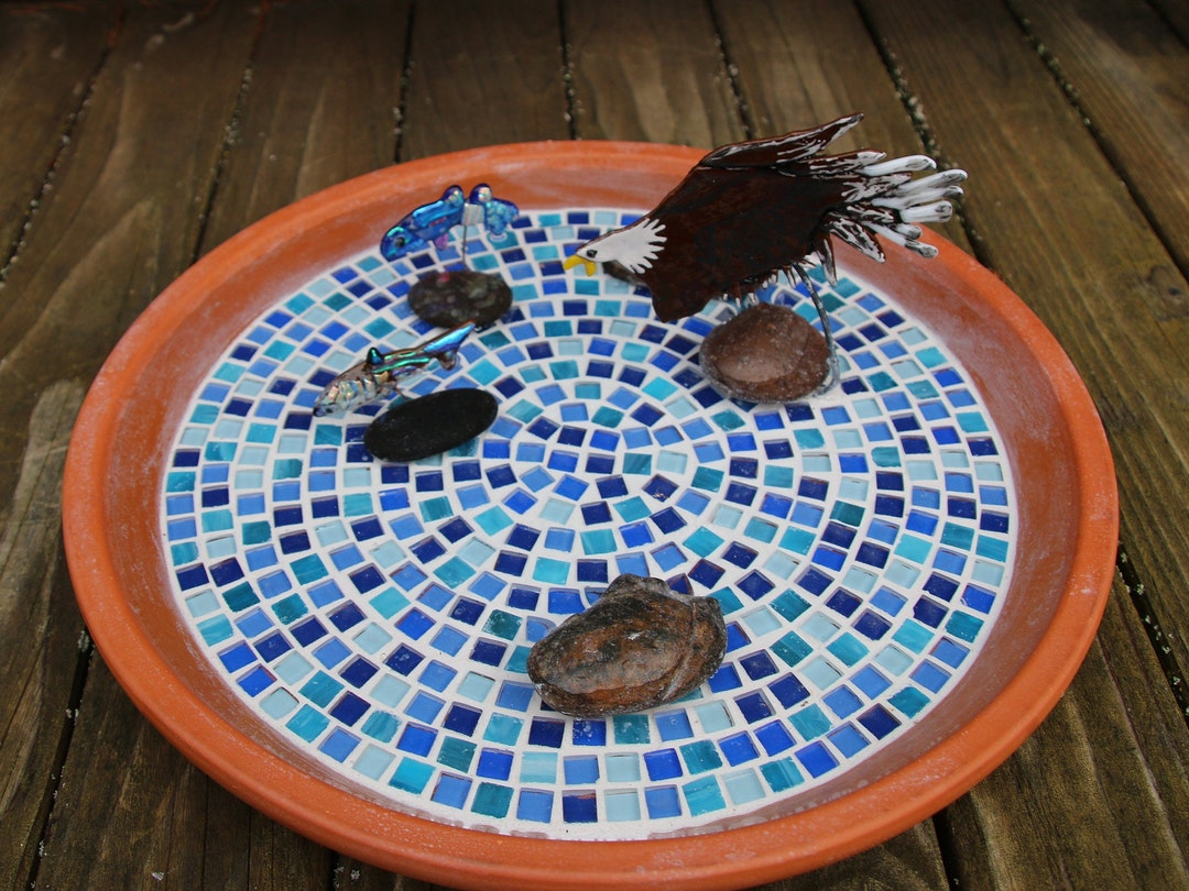 Bird Bath, With Fused Glass & Mosaic Tiles Soaring Eagle, Jumping Fused ...
