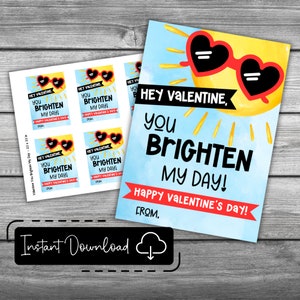 You Brighten My Day Printable Valentines Day Cards, Valentines with Sunglasses, Valentines Day Cards for Kids, Non Candy Valentines