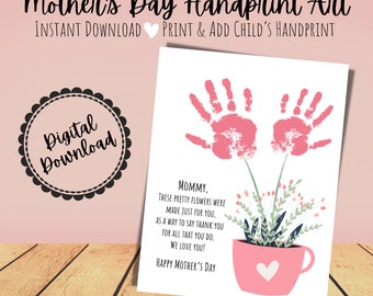 Mothers Day Handprint Flowers, Mothers Day Handprint Art, Handprint Art, Handprint Flower, Handprint Art for Kids, Mothers Day Printable