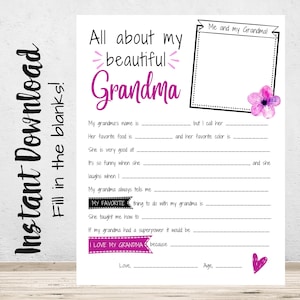 All About My Beautiful Grandma, Grammy, Fill in the Blanks ...