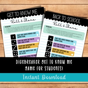 Back to School Roll and Share, Get to Know Me Ice Breaker, Dicebreaker, Get to know me Bingo Game, Roll and Share Game, Back to School Game