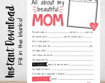 All About My Beautiful Mom, Fill in the blanks, Mother&#39;s Day Questionnaire, Mother&#39;s Day, Gifts for Mom, Printable, All about Mom, Download