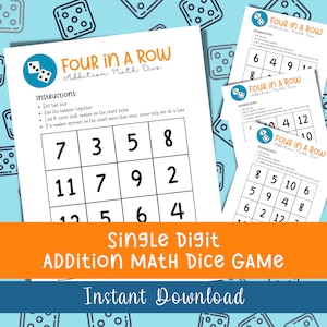Quatre dés mathématiques d&#39;addition de suite, jeu de dés, jeu de mathématiques imprimable pour les enfants, feuille de calcul mathématique, mathématiques pour les enfants, jeu de mathématiques, pratique d&#39;addition,