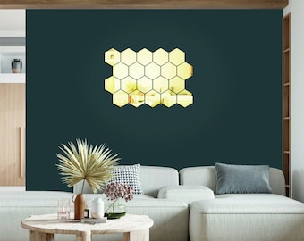 Lot de 20 miroirs géométriques en nid d'abeille en acrylique, décoration murale hexagonale, décoration dorée et argentée à faire soi-même, carreaux décoratifs dans une nuance métallique