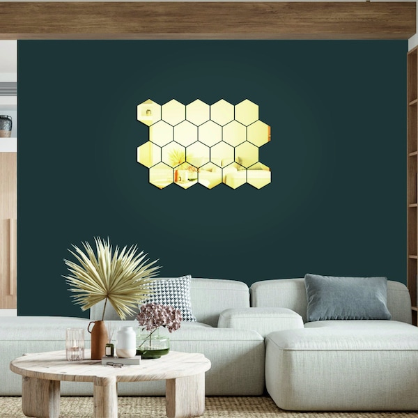 Set of 20 Geometric Honeycomb Acrylic Mirror, Hexagonal Wall Decor, Gold & Silver Do it Yourself Decoration, Decor Tiles in Metallic Shade