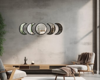 Moon Mirror Decor, Moon Wall Mirror Decoration with Moon Concept, 5 Piece Wall Stylish Moon Art Mirror, Crescent Mirror, New Home Gift