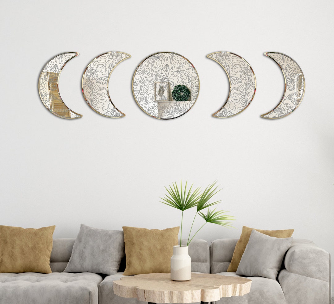 The Phases of the Moon Wall Mirror Set of 5, Moon Decoration, Moon