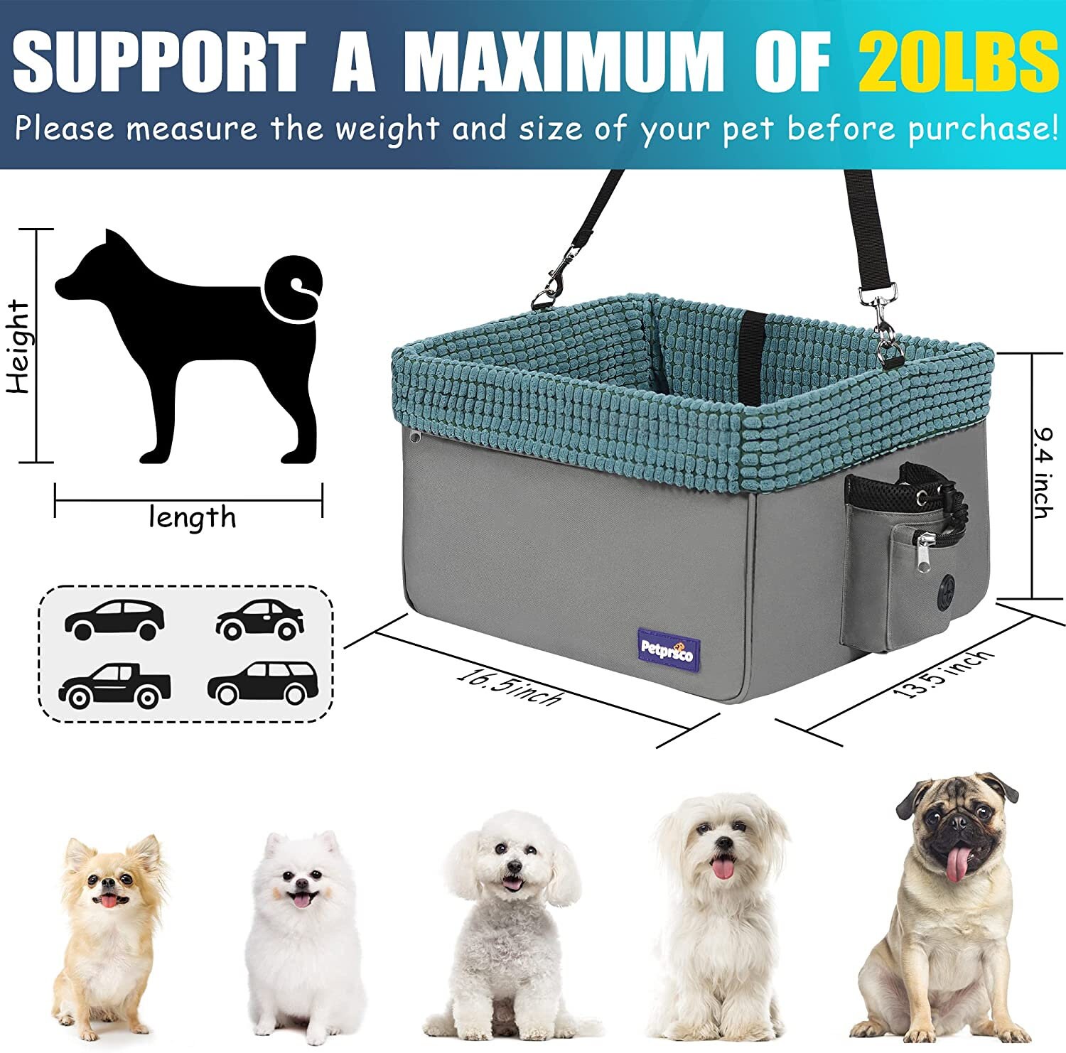 Siège auto pour chien, siège rehausseur pour chiot, lit de transport pour  animal domestique avec poche de rangement, laisse de sécurité à clipser,  base antidérapante pour chiens de petite à moyenne taille 