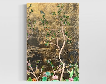 Chinoiserie Golden Vine Peach Tree and Flowers Painting