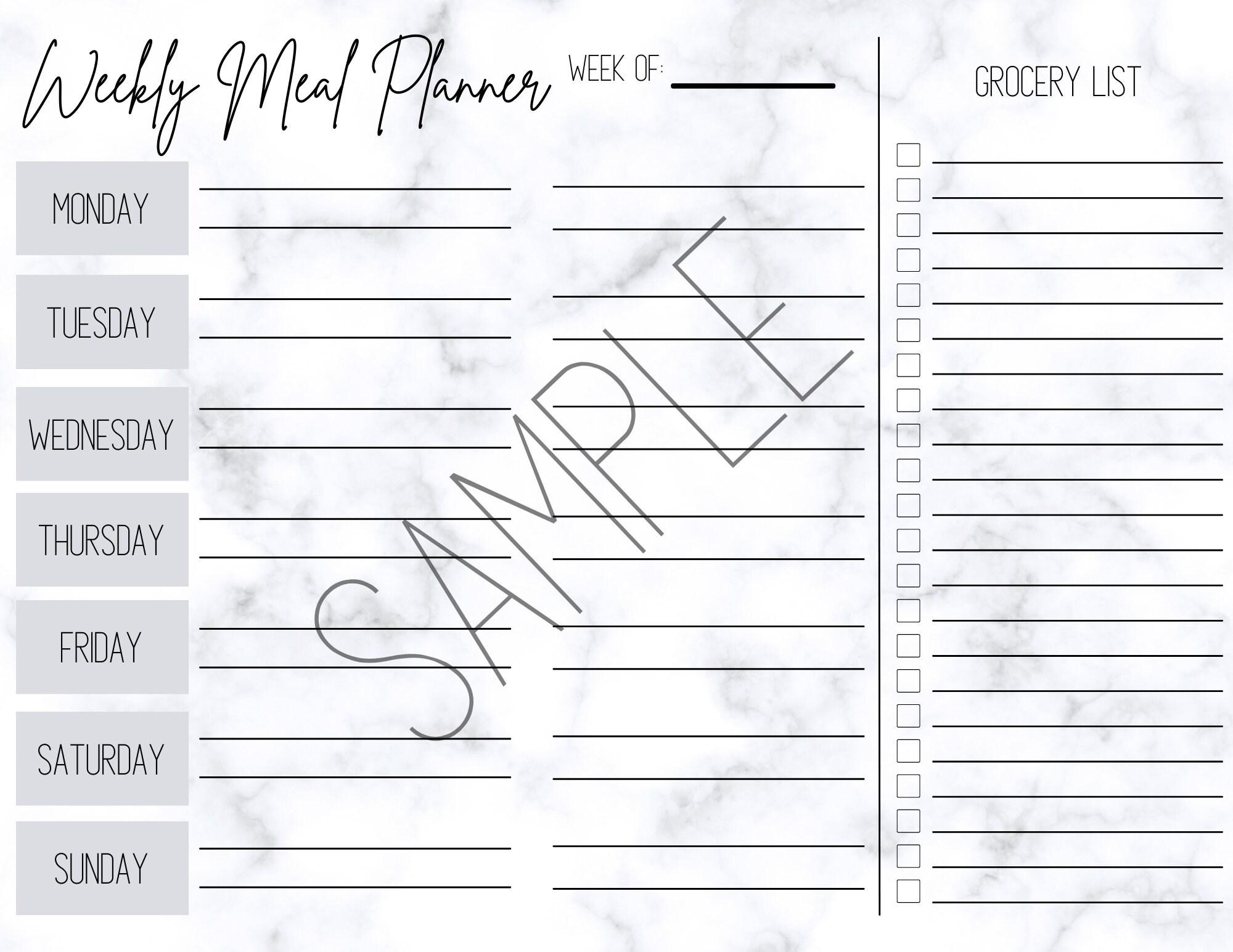 Weekly Meal Planner With Grocery List Printable Digital Minimalist Grey ...