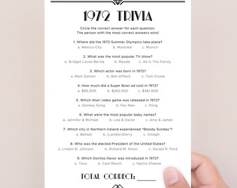 Fun Facts Quiz About 1972 Trivia Game Printable Birthday Party Activities for Adults Gangsters and Flappers Theme Great Gatsby Questions RG2