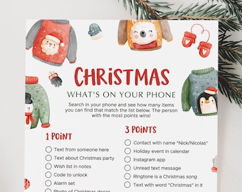 Ugly Sweater Christmas Whats On Your Phone Game Printable Funny Xmas Phone Raid Icebreaker Ideas Ugly Jumper Holiday Office Party Game US1