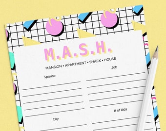 90s Party M.A.S.H. Printable Bachelorette Party Game Idea Pink and Aqua MASH Game Nineties Theme Girl Birthday Bash Instant Download NT1