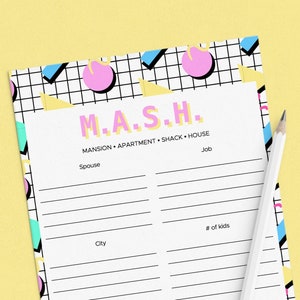Fête des années 90 M.A.S.H. Idée de jeu d'enterrement de vie de jeune fille imprimable rose et bleu marine MASH jeu sur le thème des années 90 pour fille Birthday Bash Téléchargement instantané NT1