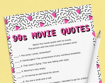 90s Movie Quotes Game Printable Nineties Themed Movie Night Activity Ideas 1990s Theme Party Ideas Film Trivia Birthday Slumber Party NT1