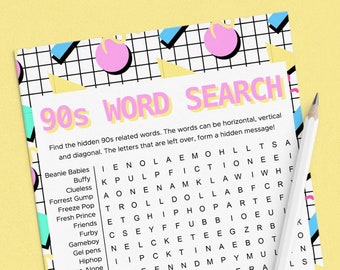 90s Word Search Game Printable 1990s Birthday Party Game Ideas for Kids and Adults Word Find Game Neon Memphis Aqua Retro Nineties Theme NT1