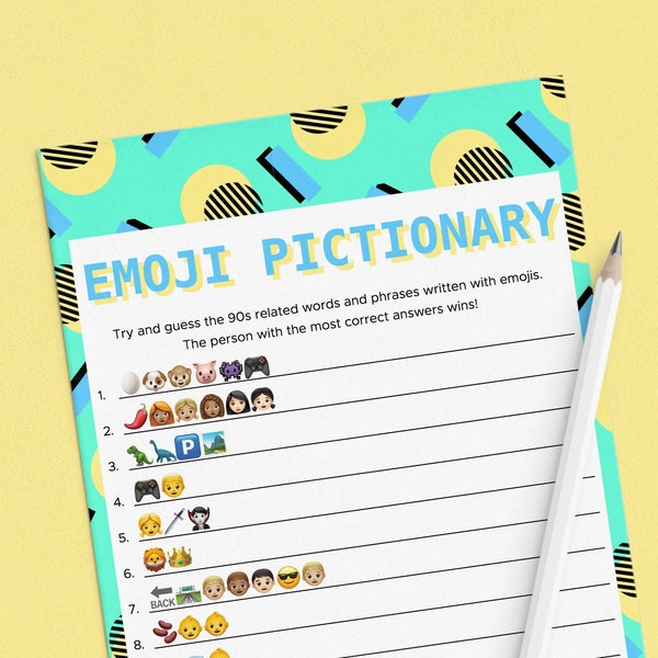 90s Party Emoji Pictionary Game Printable Nineties Themed Party Ideas for Groups Memphis Emojis Game Instant Download Millennial Babies NT1