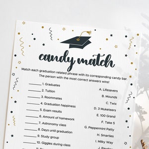 Graduation Candy Match Game Instant Download Fun Grad Party Activity Ideas for Groups Funny Candy Bar Matching Black and Gold Event PDF FG2
