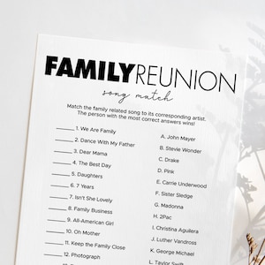 Family Song Match Game for Family Reunion Printables Minimalist Family Gathering Activity for Adults Name That Song Game Music Matching SL2