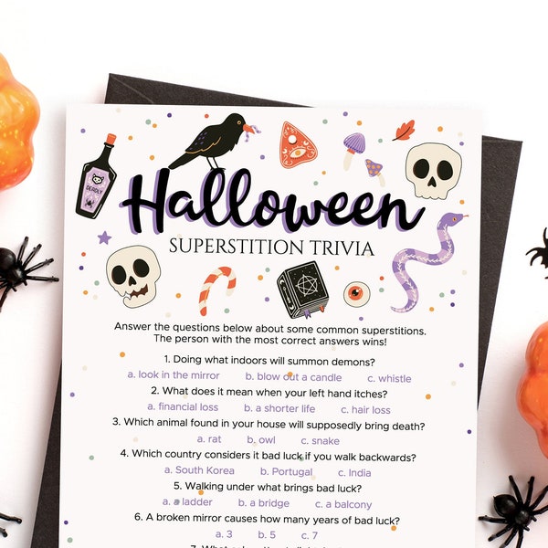 Halloween Superstition Trivia Game Printable Fun Facts Quiz Card How Superstitious Are You Game Purple and Black Halloween Activities WV1