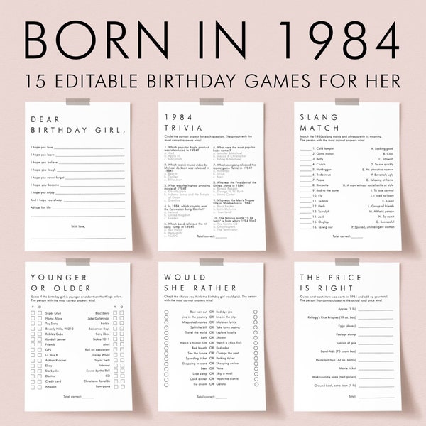 Party Like Its 1984 Birthday Party Games Bundle Templates 40th Birthday Games for Women Black and White Bday Bash Gift Ideas for Her AM1