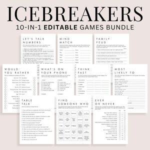 Paquete de juegos para romper el hielo, tarjetas imprimibles para iniciar conversaciones, tarjetas para cenas, preguntas para romper el hielo, charlas en la mesa, tarjetas de bingo para romper el hielo para adultos AM1