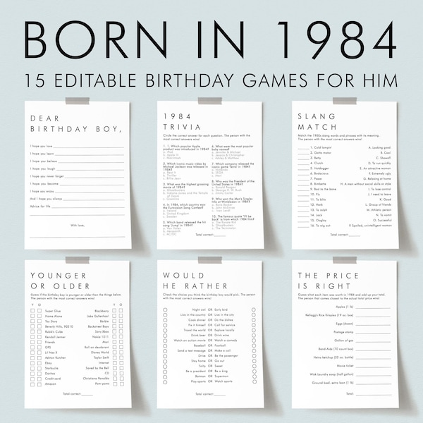 Party Like Its 1984 Birthday Games Bundle Instant Download 40th Birthday Games for Men Black and White Bday Bash Gift Ideas for Him Fun AM1