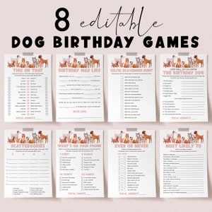 Bearbeitbares Hundegeburtstags-Party-Spiele-Bundle Let's Pawty Templates Puppy Theme Bday Bash Aktivitäten Selfie Scavenger Hunt Phone Mad Libs DS1