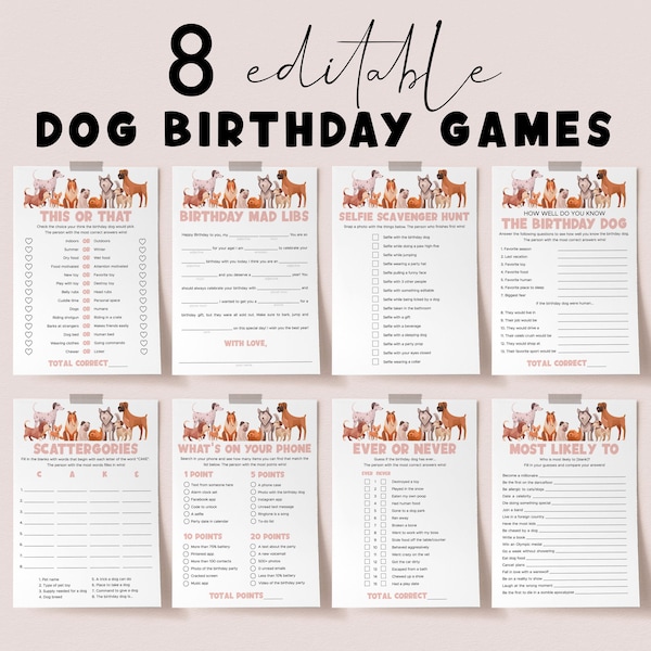 Editable Dog Birthday Party Games Bundle Let's Pawty Templates Puppy Theme Bday Bash Activities Selfie Scavenger Hunt Phone Mad Libs DS1