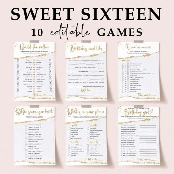 Gold Sweet 16 Games Printable Sweet Sixteen Activity Bundle Editable Personalized Teen Teenager Birthday Party Ideas for Girls Indoor GP3