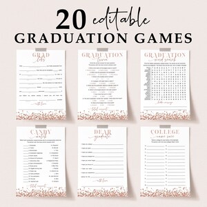 Pacchetto di giochi di laurea in oro rosa per lei, idee di attività per feste di laurea modificabili, gruppi di coriandoli color champagne bronzo, Family Feud Classe del 2024 MR1