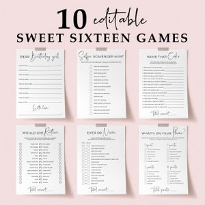 Bearbeitbares Sweet Sixteen Spiele-Bundle für ihre 16. Geburtstagsaktivitäten Kalligraphie Schwarzweiß-Partydekorationen für Mädchen Teenager SP2