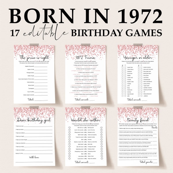 Nacido en 1972 Paquete de juegos de cumpleaños para mujer que cumple 52 años Actividades de fiesta Plantillas editables Decoración de fiesta de confeti rosa Imprimible PC1
