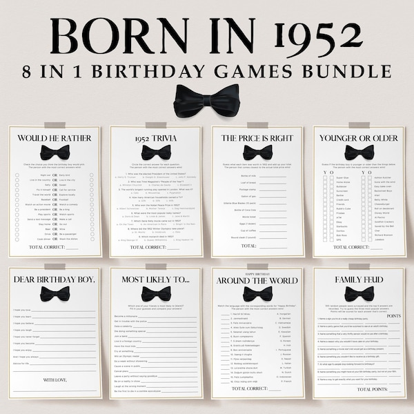 1952 Birthday Games Bundle Instant Download Adults Party Activity Ideas to Play at Home The Price is Right 1952 Turning 72nd Celebration TB1