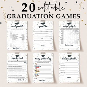 Paquete de 20 juegos de graduación: Plantilla editable, ideas para fiestas de graduación, deseos y consejos para la generación de 2024, Family Feud, emojis, Pictionary (PDF, FG2)