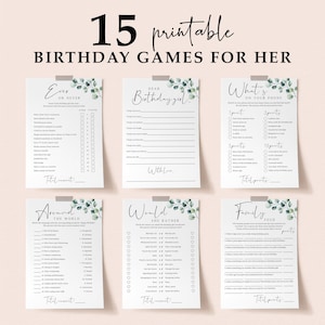 Pacote de jogos para festa de aniversário com tema de eucalipto para ela, atividades de aniversário para mulheres, celebrações adultas, tema de jardim ao ar livre, aquarela, PDF SG2